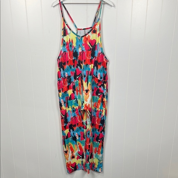 Racerback Womens Jumpsuit Red Blue Slip Straps  Bucket Pockets Fun  No Size Tag - Picture 1 of 13